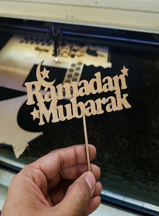 Cliths Pack of 2 Wooden Ramadan Mubarak Cake Toppers - 7 Inch Height - DIY Eid Decorations for Cakes, Blessed Ramadan & Iftaar Party Celebrations - Image 2